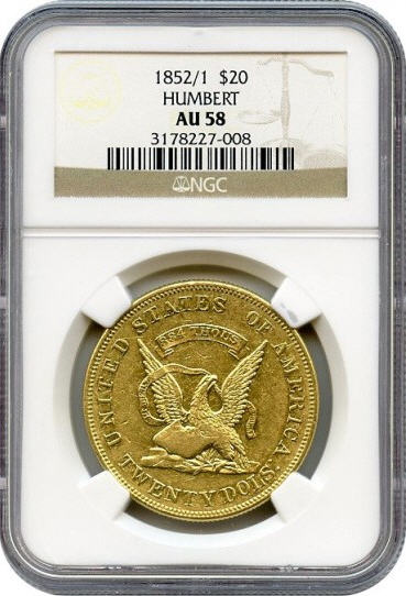 アンティークコイン　アメリカ　20ドル金貨1852/1ハンバート ＄20  NGC AU58