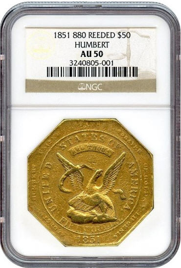 アンティークコイン　アメリカ　50ドル金貨1851ハンバート880　REEDED ＄50 NGC AU50