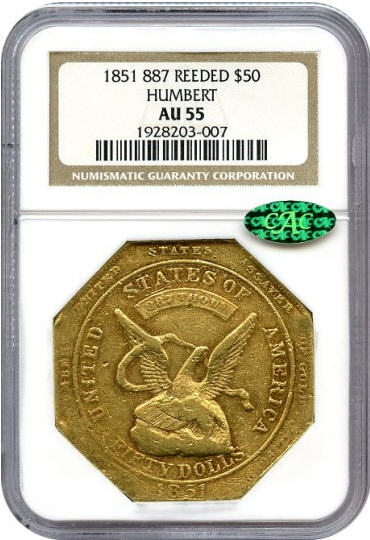 アンティークコイン　アメリカ　50ドル金貨1851ハンバート887　REEDED ＄50 NGC AU55
