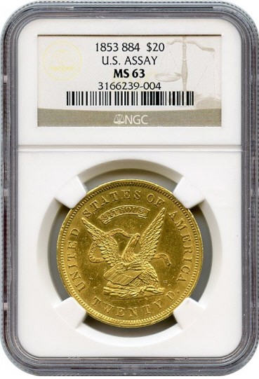 アンティークコイン　アメリカ　20ドル金貨1853 ＄20 U.S. Assay Office of Gold 884 Thous. NGC MS63