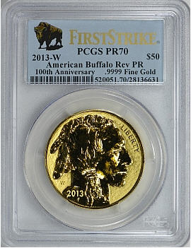 2013-Wバッファロー金貨　リバースプルーフ　50ドル 1オンスPCGS PR70DCAM ファーストストライク