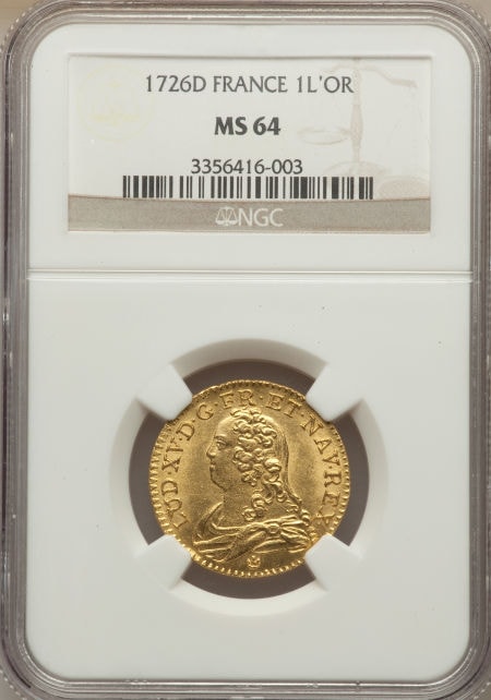 【 動画ありトップグレード残存1枚】フランス ルイドール金貨 Louis XV gold Louis d'or 1726-D MS64 NGC