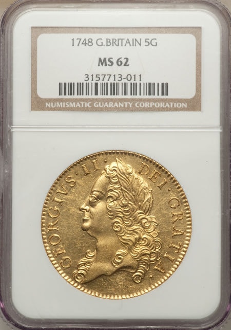 【動画あり】グレートブリテン　5ギニー金貨George II gold 5 Guineas 1748 MS62 NGC