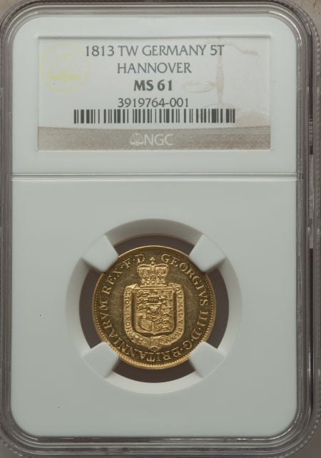 【動画あり】ドイツ5ターラー金貨German States Hannover. George III of England gold 5 Taler 1813-TW MS61 NGC