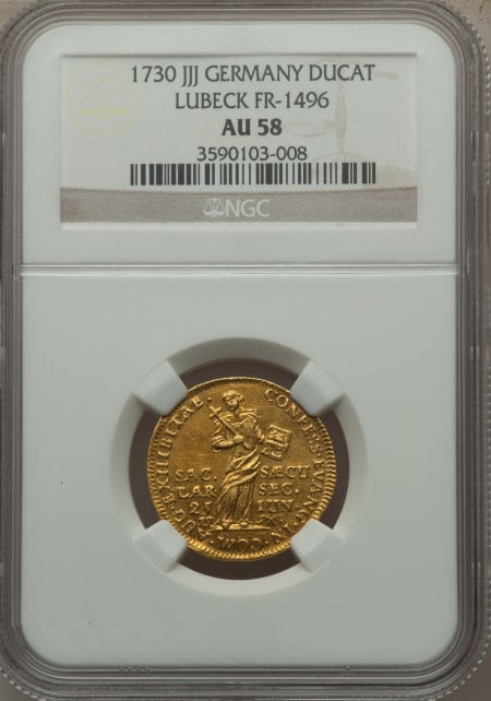 【動画あり】ドイツ1ダカット金貨 Lubeck. Free City gold Ducat 1730-JJJ AU58 NGC
