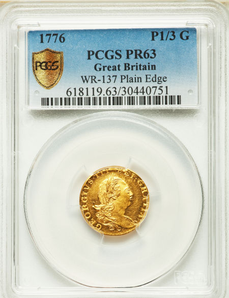 【試鋳貨　動画あり】グレートブリテン　ジョージ3世1/3ギニー金貨 George III gold Proof Pattern 1/3 Guinea 1776 PR63 PCGS