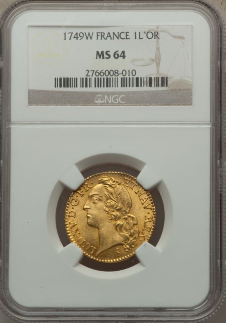 【動画あり】フランス ルイドール金貨 Louis XV gold Louis d'or 1749-W MS64 NGC