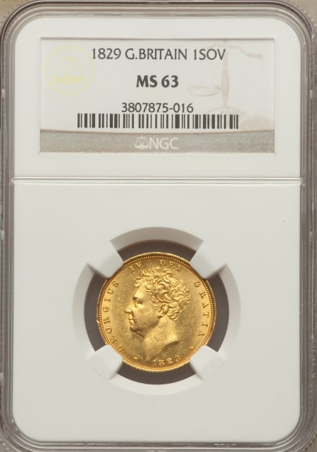 グレートブリテン　ジョージ4世ソブリン金貨 George IV gold Sovereign 1829 MS63 NGC