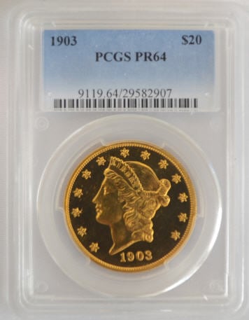 【動画あり】アンティークコイン　アメリカ　20ドル金貨リバティヘッド1903 ＄20 Liberty Head Double Eagle PCGS PR64