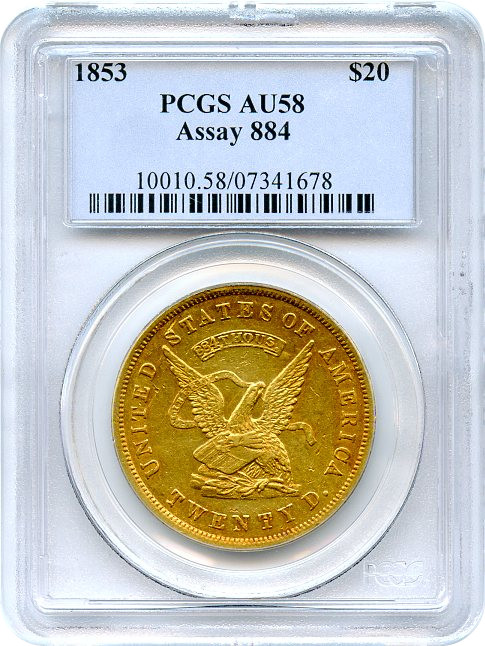 【10年右肩上がり　動画あり】アンティークコイン　アメリカ　20ドル金貨1853 ＄20 アッセイオフィス 884PCGS AU58