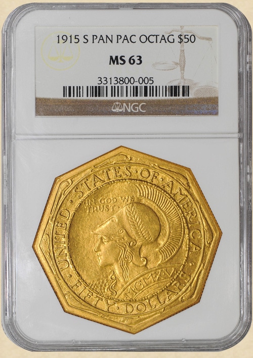【10年右肩あがり　動画あり】アンティークコイン　アメリカ　50ドル金貨1915S ＄50 パナマパシフィック　オクタゴナル　NGC MS63