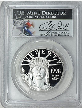 プラチナイーグル　100ドル　1オンス1998-W ＄100 Platinum Eagle PR70 Deep Cameo PCGS Philip Diehlサイン入り