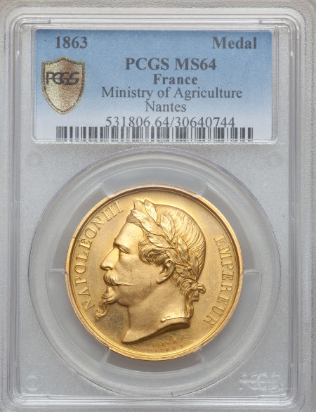 フランスゴールドメダルNapoleon III gold Nantes Ministry of Agriculture Medal 1863 MS64 PCGS