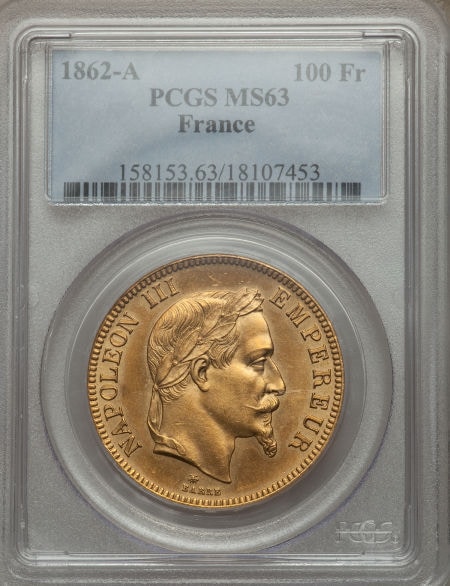 【動画あり】アンティークコイン フランス金貨 エンペラー ナポレオン III　Napoleon III gold 100 Francs 1862-A MS63 PCGS