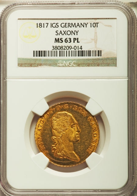 【動画あり】ドイツ10ターラー金貨German States Saxony. Friedrich August I gold 10 Taler (2 August d'or) 1817-IGS MS63 Prooflike NGC