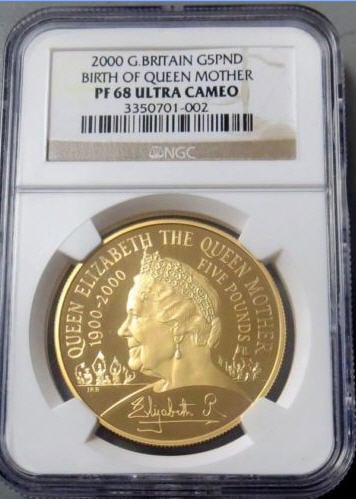 【動画あり】2000グレートブリテン5ポンドプルーフ金貨女王生誕100周年PF68NGC UCAM