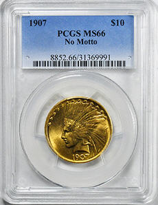 アメリカ 10ドル金貨インディアンヘッド1907 NO MOTTO $10 PCGS MS66