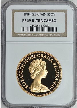 1984グレートブリテン5ソブリン金貨PF69UCAM NGC