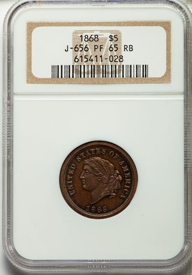 アンティークコインアメリカ1868 ＄5 Dual Denomination ＄5-25 Francs, Judd-656, Pollock-729, Low R.7, PR65 Red and Brown NGC