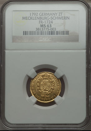 【動画あり】アンティークコイン ドイツ金貨 Mecklenburg-Schwerin. Friedrich Franz I gold 2 Taler 1792 MS63 NGC