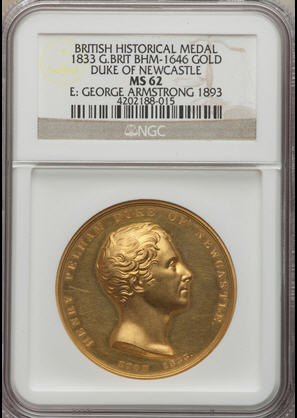 【ウナライオンのワイオンデザイン動画あり】アンティークコイン グレートブリテン金貨 Duke of Newcastle - Eton College Pelham Prize gold Medal 1833 (1893) MS62 NGC