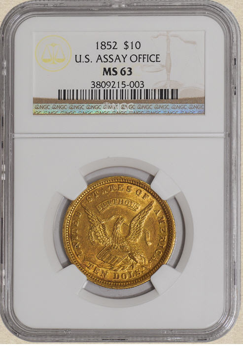 アンティークコイン　アメリカ　10ドル金貨1852 ＄10 U.S. Assay Office of Gold 884 Thous. NGC MS63