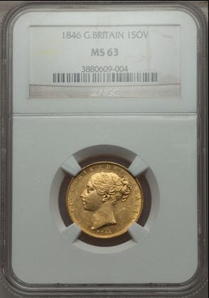 【動画あり】アンティークコイン グレートブリテン金貨 Victoria gold Sovereign 1846 MS63 NGC