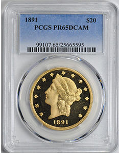 アンティークコイン　アメリカ　20ドル金貨リバティヘッド1891＄20 Liberty Head Double Eagle PCGS　PR65DCAM