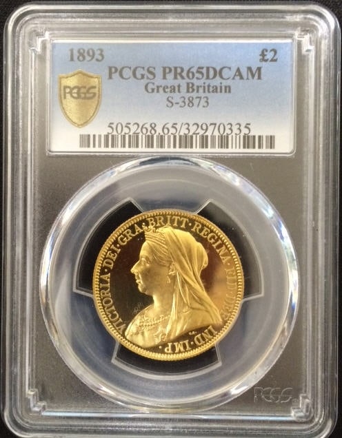 【最高グレード動画あり】アンティークコイン グレートブリテン金貨 Great Britain ビクトリア　プルーフ　2ポンド 1893 PR65 DCAM PCGS