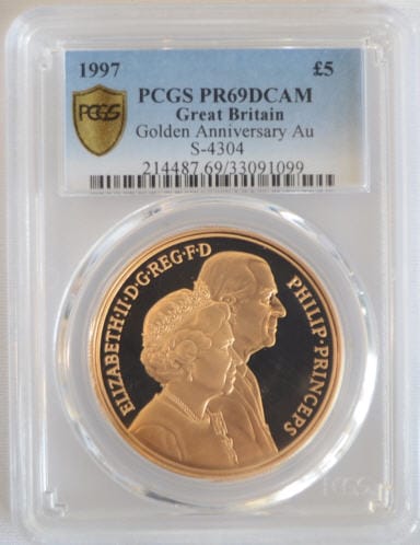 【動画あり】1997フィリップ殿下　エリザベス女王アニバーサリー5ポンド金貨Golden Anniversary Au　PR69DCAM　PCGS