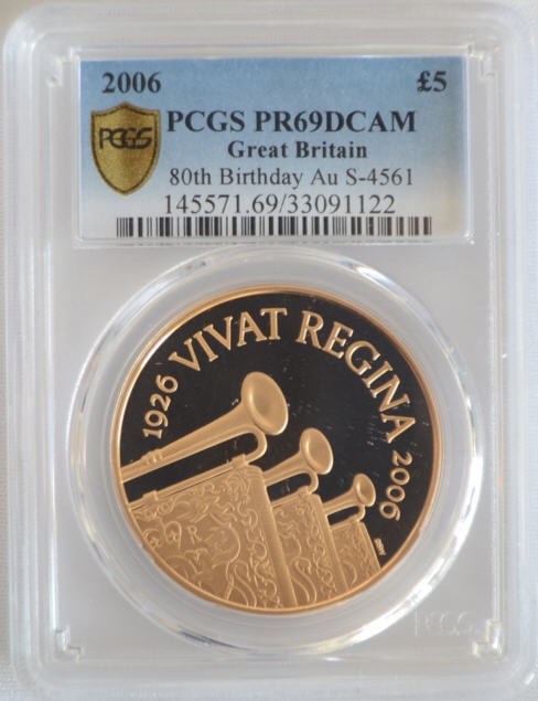 【動画あり】2006　エリザベス女王80歳バースデイ5ポンド金貨80th Birthday Au　PR69DCAM　PCGS