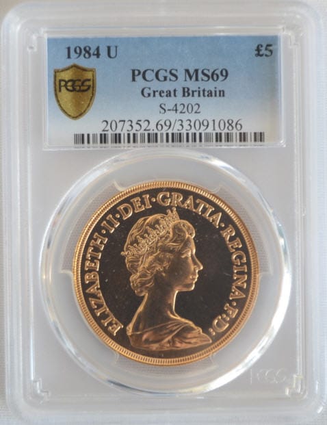 1984U　エリザベス5ポンド金貨　MS69　PCGS