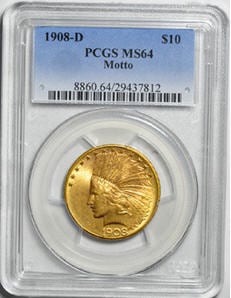 アメリカ 10ドル金貨インディアンヘッド1908-D MOTTO $10 PCGS MS64