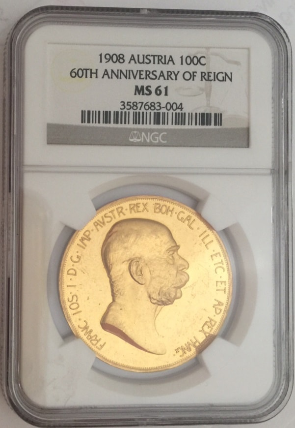 【動画あり】オーストリア 1908年 雲上の女神 100コロナ 1908 AUSTRIA 100C 60TH ANNIVERSARY MS61NGC