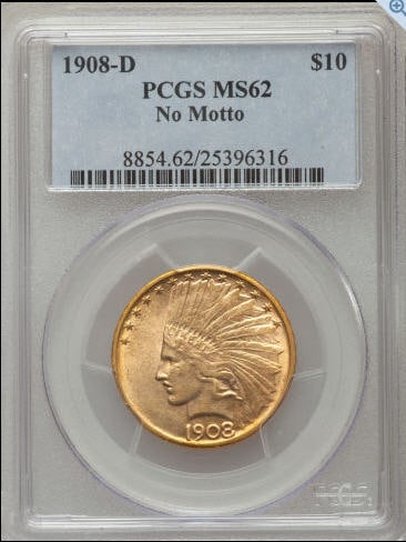 【動画あり】アメリカ 10ドル金貨インディアンヘッド1908-D NO MOTTO $10 PCGS MS62