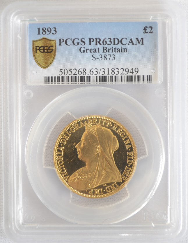 【動画あり】アンティークコイン グレートブリテン金貨 Great Britain ビクトリア　プルーフ　2ポンド 1893 PR63 DCAM PCGS