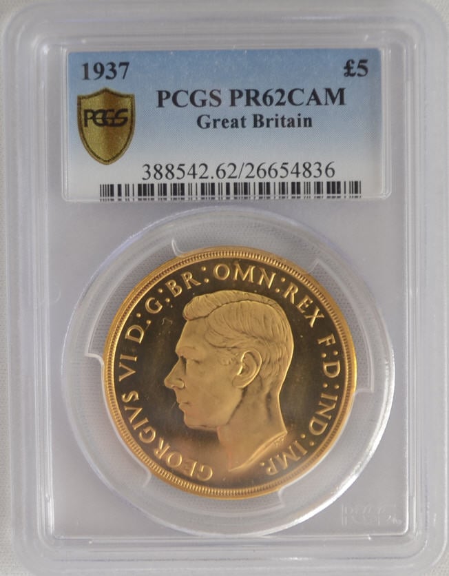 【新春セール品】【動画あり】アンティークコイン　グレートブリテンジョージ6世5ポンド　プルーフ金貨 1937 Proof 5 pound PCGS PR62CAM