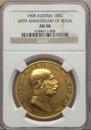 【動画あり】オーストリア 1908年 雲上の女神 100コロナ 1908 AUSTRIA 100C 60TH ANNIVERSARY AU58NGC