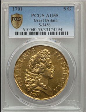 【動画あり】グレートブリテン1701年5ギニー金貨ウイリアム3世 AU55 PCGS