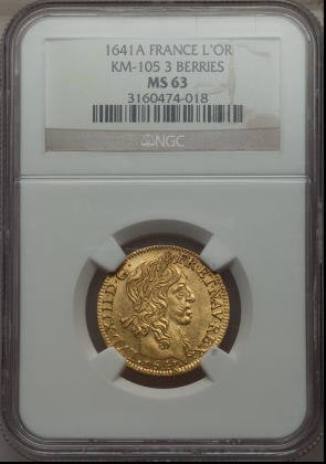 【動画あり】フランス 1641年ルイ13世ルイドール金貨1641-A MS63 NGCロングカールヘアー