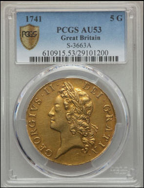 商談中【動画あり】グレートブリテン1741/38年5ギニー金貨ジョージ2世 AU53 PCGS　レタードエッジ