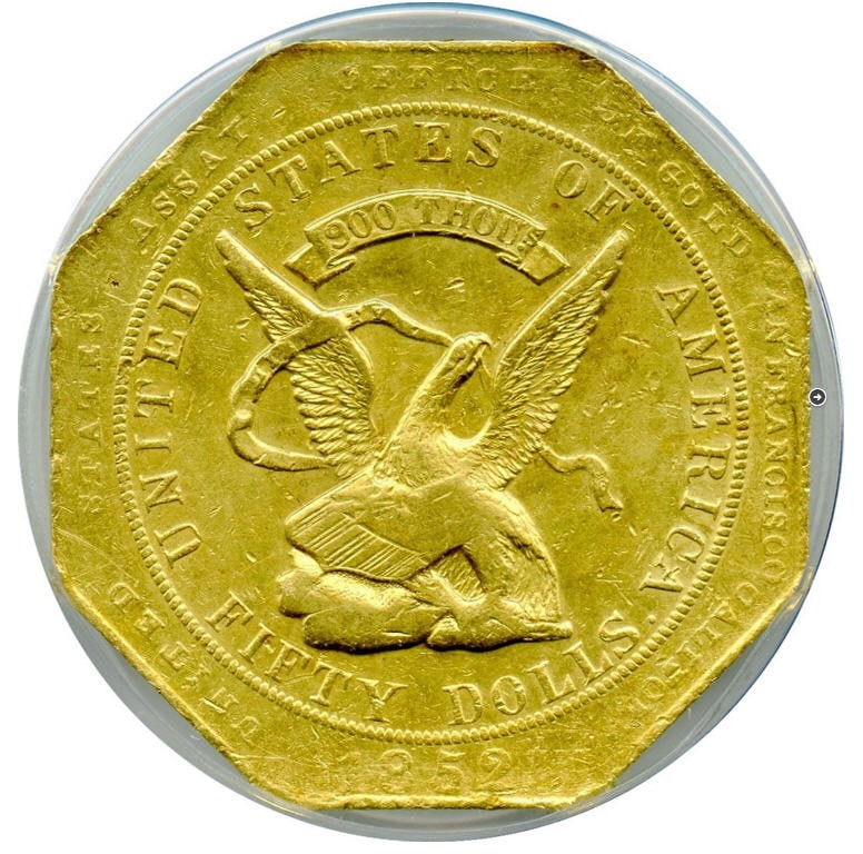 アンティークコイン　アメリカ　50ドル金貨1852ハンバート ＄20 PCGS AU55