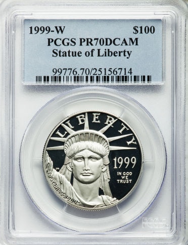 【動画あり】プラチナイーグル　100ドル　1オンス1999-W ＄100 Platinum Eagle PR70 Deep Cameo PCGS