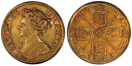 グレートブリテン1713年ギニー金貨アン王女AU55＋ PCGS　