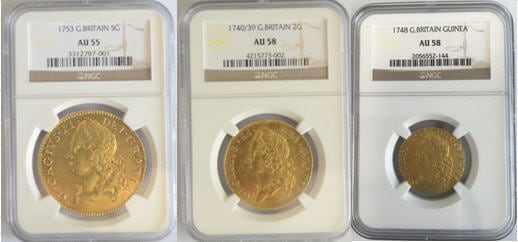 【動画あり】3枚組ジョージ2世レア金貨セット1753年5ギニー金貨 AU55 NGC　1740-39年2ギニー金貨ジョージ2世 AU58 NGC　1748年ギニー金貨ジョージ2世AU58 NGC
