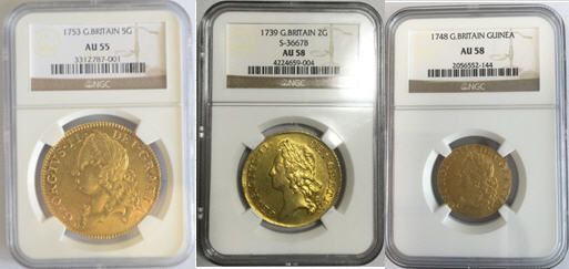 3枚組ジョージ2世レア金貨セット1753年5ギニー金貨 AU55 NGC　1739年2ギニー金貨ジョージ2世 AU58 NGC　1748年ギニー金貨ジョージ2世AU58 NGC