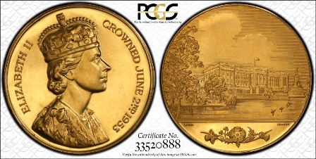 【動画あり】PCGS社鑑定済　1枚グレートブリテン  1953 年エリザベス エリザベス 2世戴冠式ゴール ドメダルPCGS MS 63 箱付