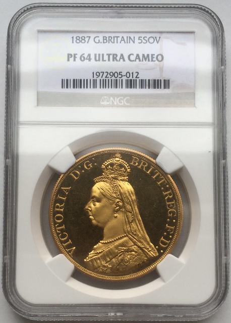 グレートブリテン5ポンドプルーフ金貨　Great Britain: Victoria gold 5 Pounds 1887 NGC　PF64UCAM