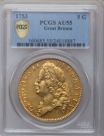 グレートブリテン1753年5ギニー金貨ジョージ2世 AU55 PCGS