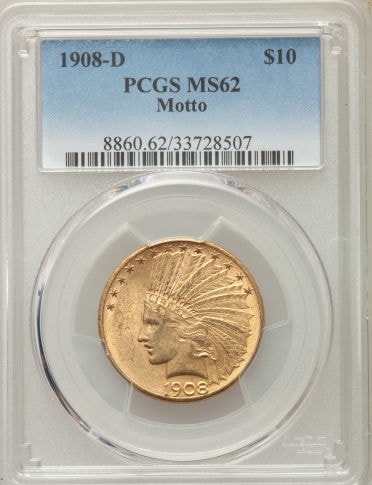 アメリカ 10ドル金貨インディアンヘッド1908-D $10 PCGS MS62 (With Motto)